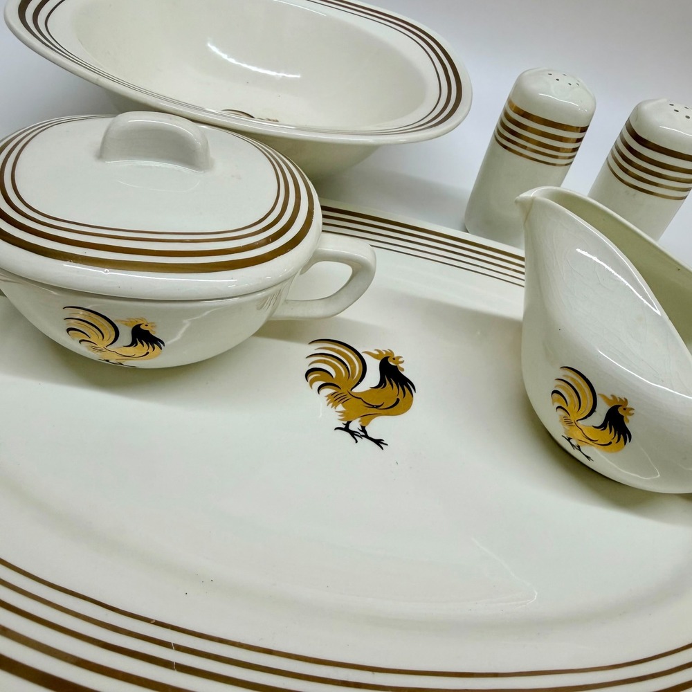 Taylor Smith Taylor Conversation Rooster Dinnerware Set 6pc Vintage 1950s MCM